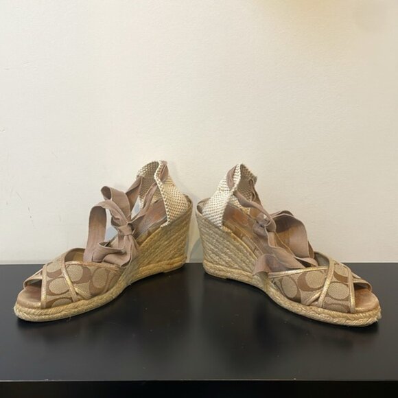 COACH women’s MILA LACE UP SANDAL SIZE 9B Khaki/Gold wedge open toe ankle strap - Picture 4 of 13